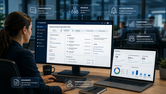 Frau sitzt arbeitend am PC und schaut sich ein CRM System an