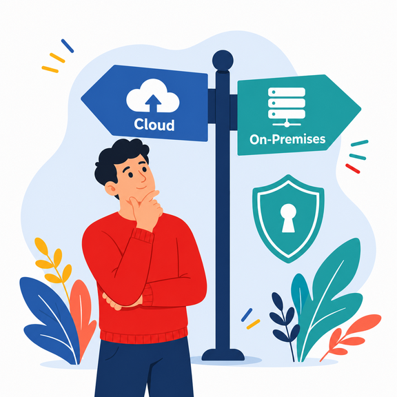 Flache Illustration: Ein Mann steht vor einem Wegweiser mit zwei Schildern – links „Cloud" mit Wolken-Symbol, rechts „On-Premises" mit Server-Symbol. Ein Schutzschild mit Schlüsselloch steht für Datensicherheit. Symbolisiert die Wahl zwischen Cloud- und On-Premises-Betrieb.