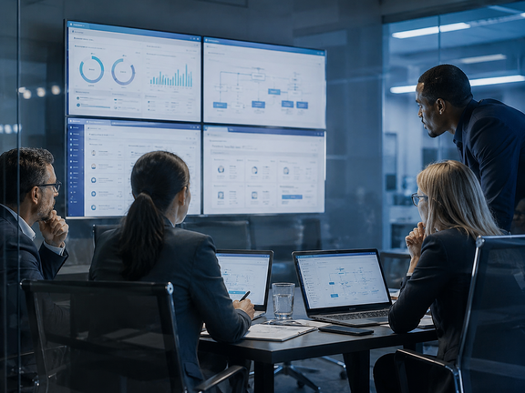 High tech corporate meeting bei der Datenanalyse